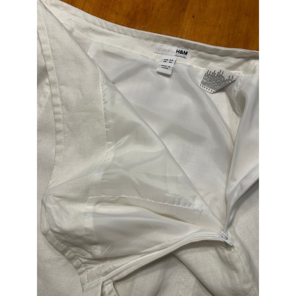 H&M White 100% Linen Lagenlook Midi Skirt Size 14 A-Line Lined Summer Classic - Picture 12 of 16